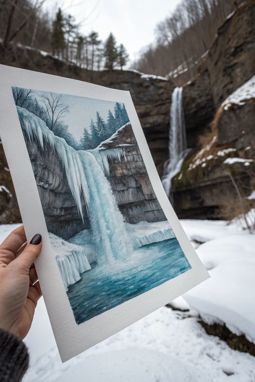 Winter Ice Waterfall painting idea: icy blue-gray cascades, frozen rocks, and soft winter light