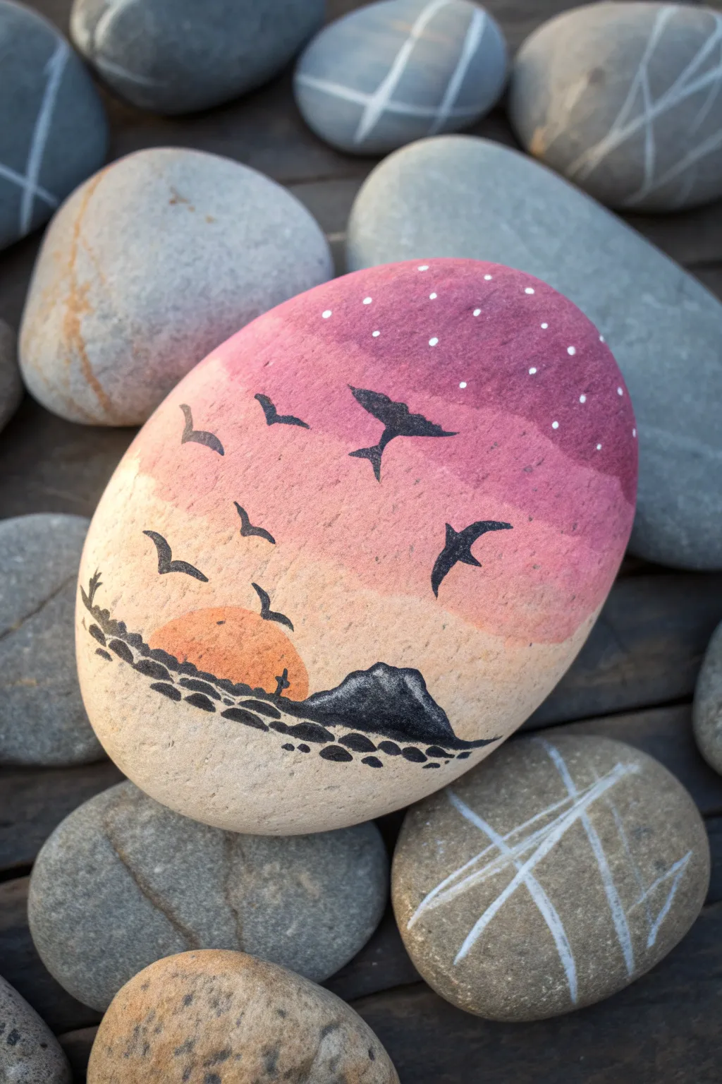 Sunset whale rock idea: peach to magenta sky with tiny distant whales and simple V-birds