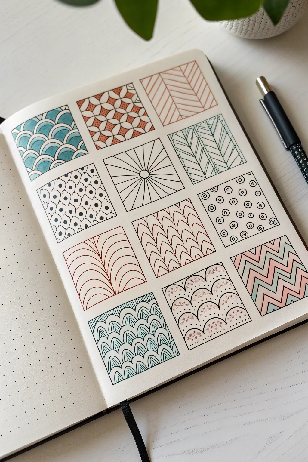 Satisfying sketchbook grid of easy repeat patterns in bold color, clean lines, and cozy minimal style