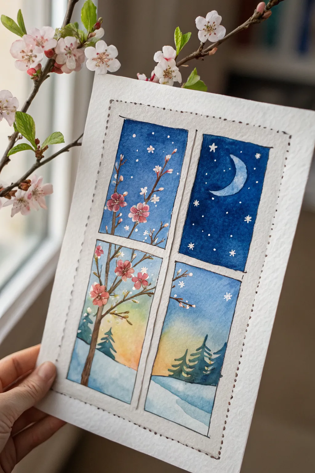 Split-season window drawing idea: spring blossoms on one side, snowy starry night on the other