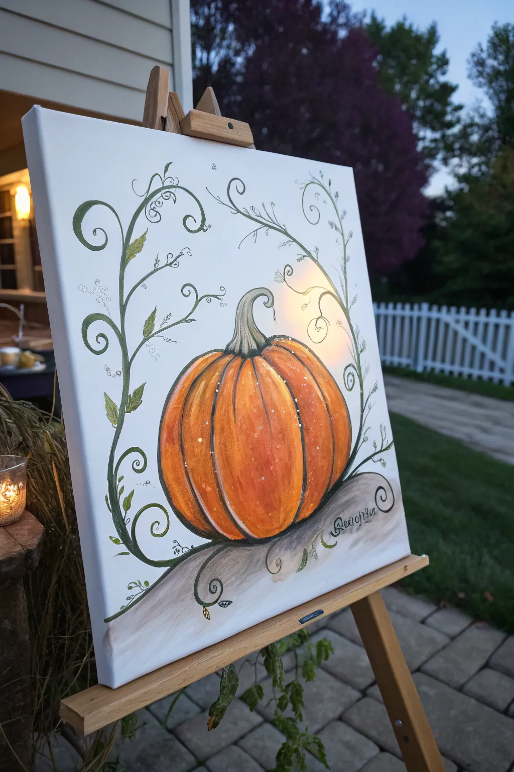 Glowing spiral pumpkin at twilight with minimalist boho vines and bold, cozy contrast
