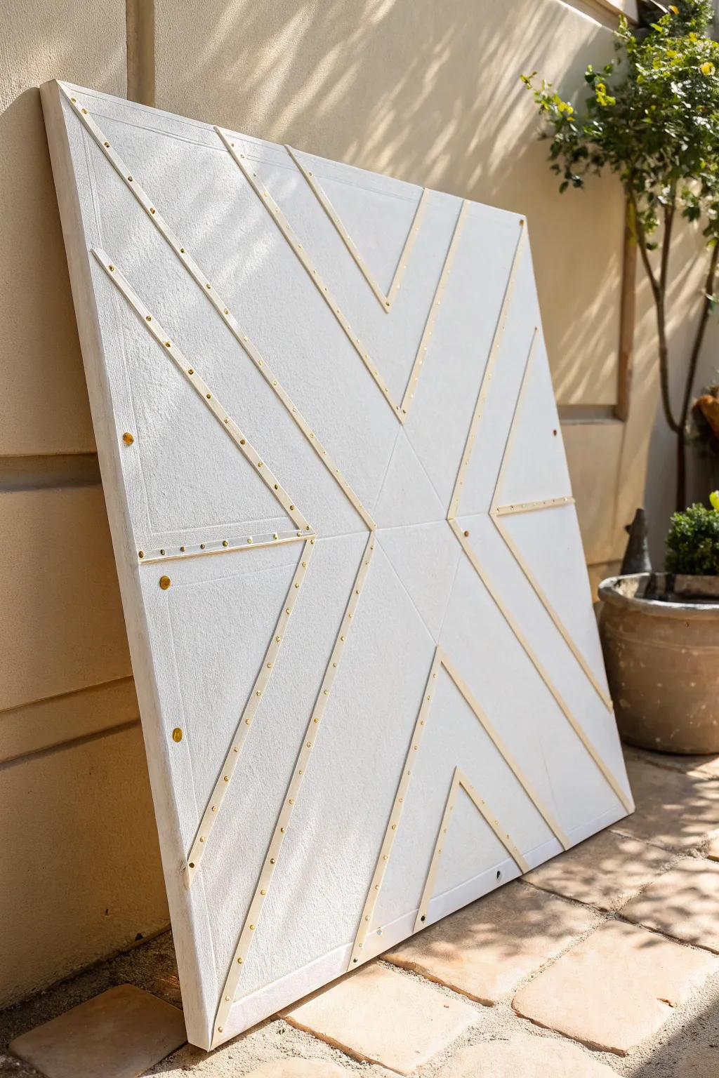 Minimal white geometric blocks with delicate metallic accents for an elegant textured canvas idea