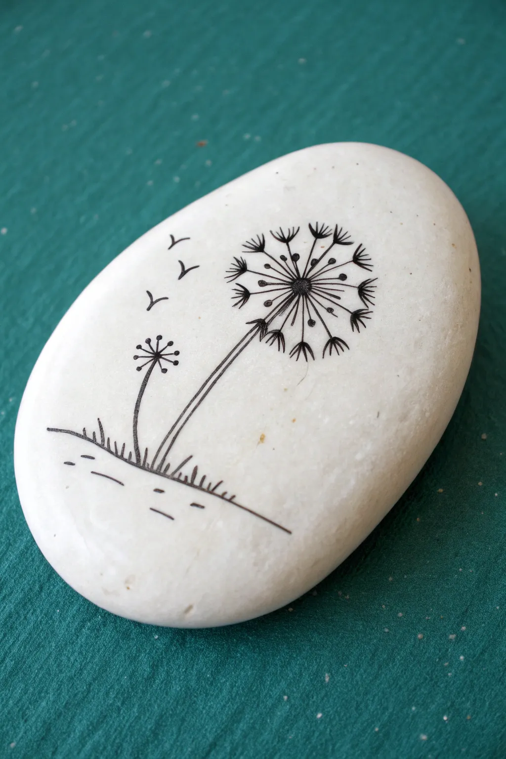 Minimal dandelion puff on a white stone, black linework with seeds floating into space