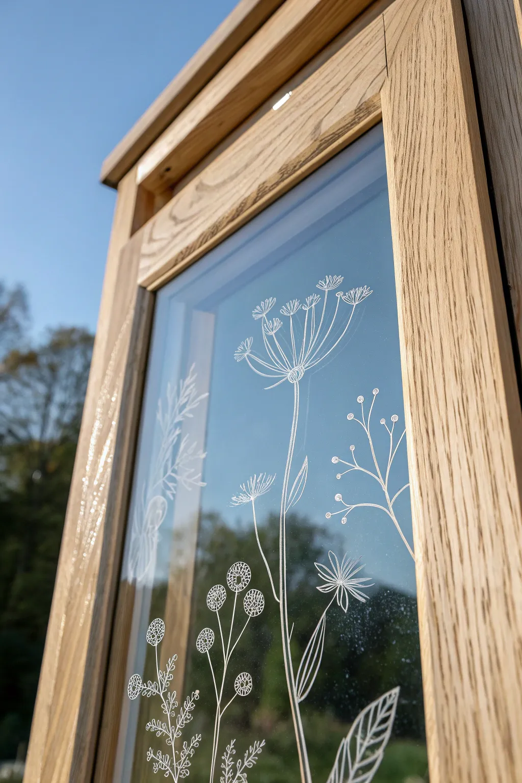 Airy botanical line art on a clear window pane for a modern Scandinavian boho vibe.