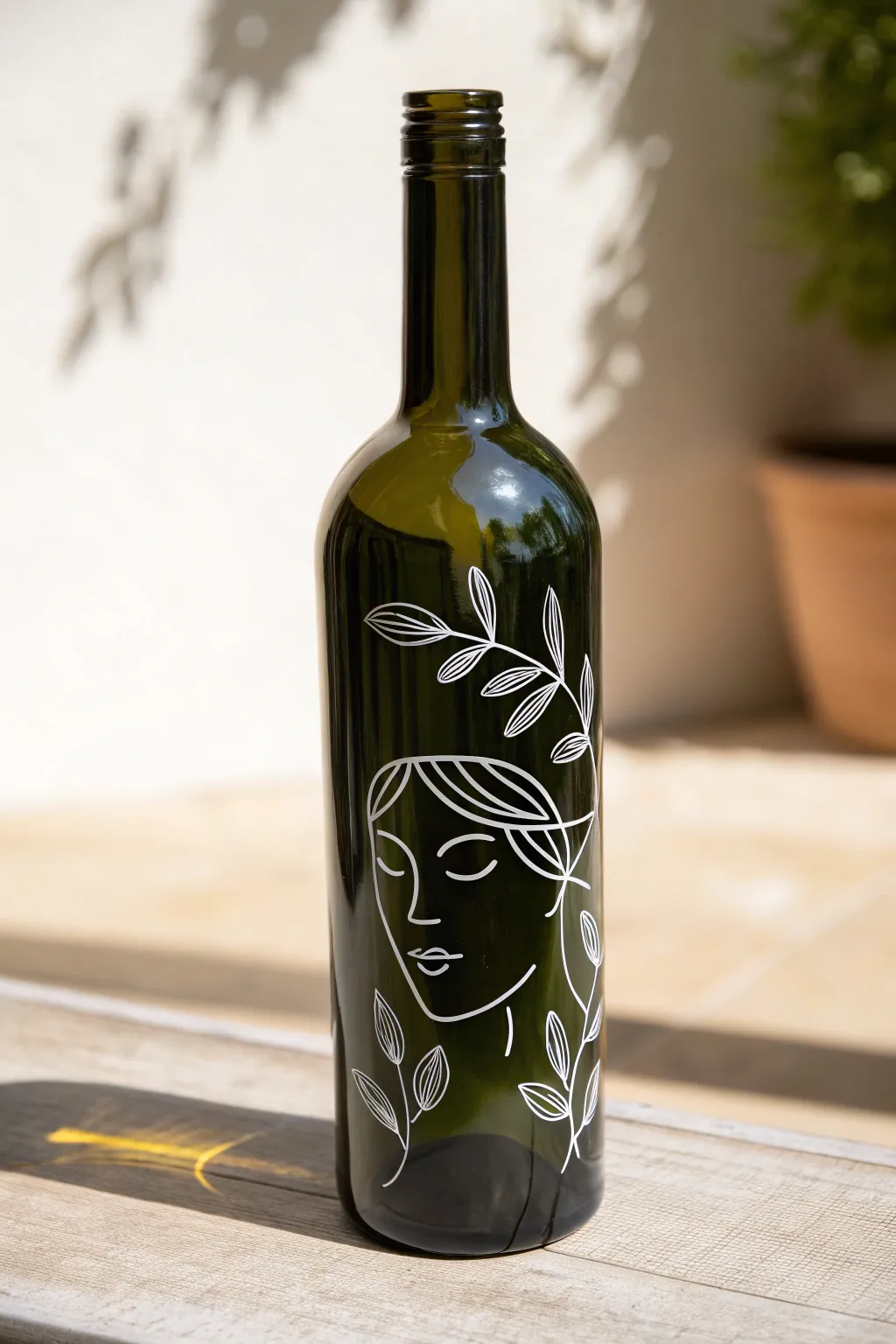 Minimal white line art on dark green glass for a chic Scandinavian boho wine bottle DIY