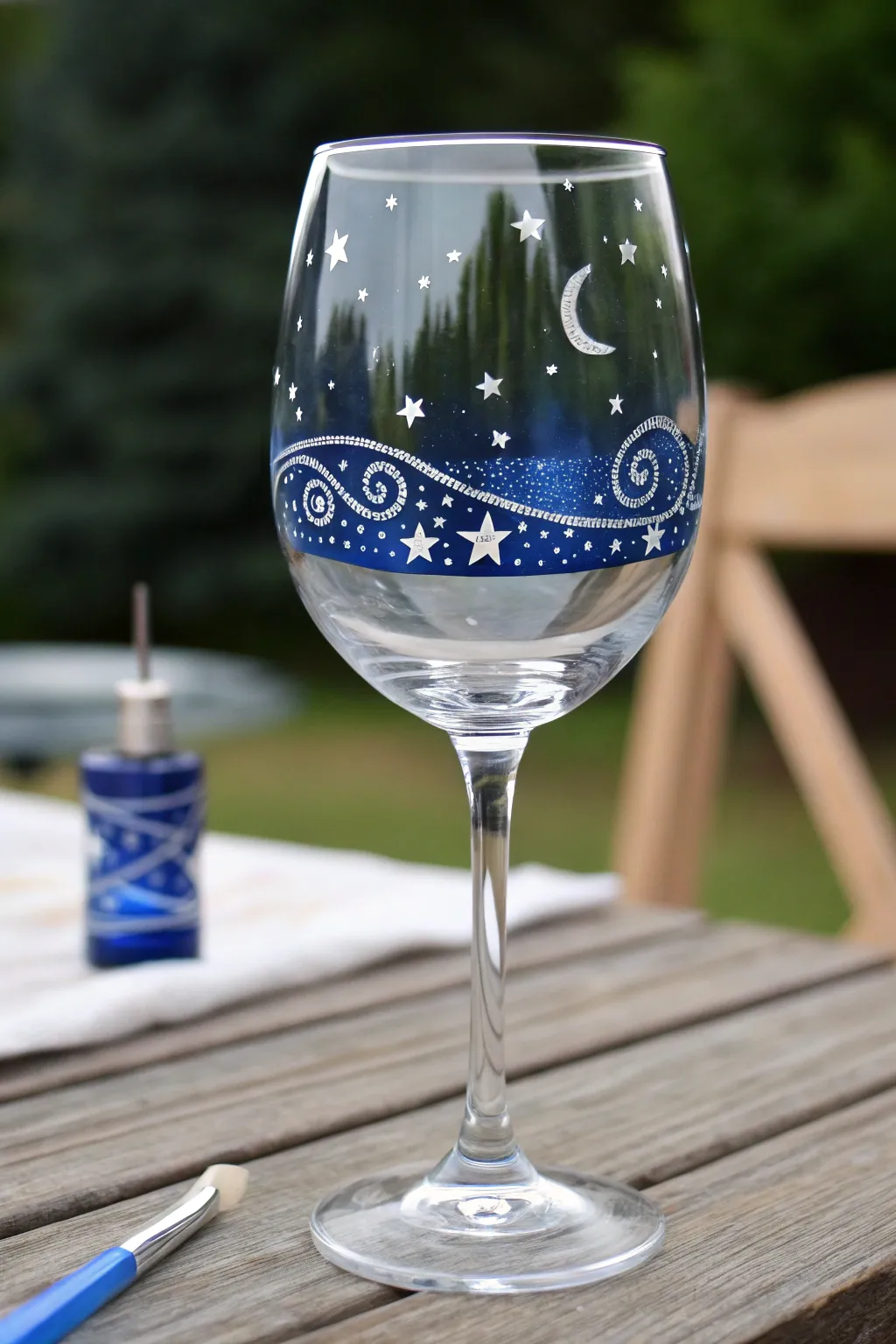 Easy starry night wine glass painting with dots and swirls, bold blue and crisp white contrast