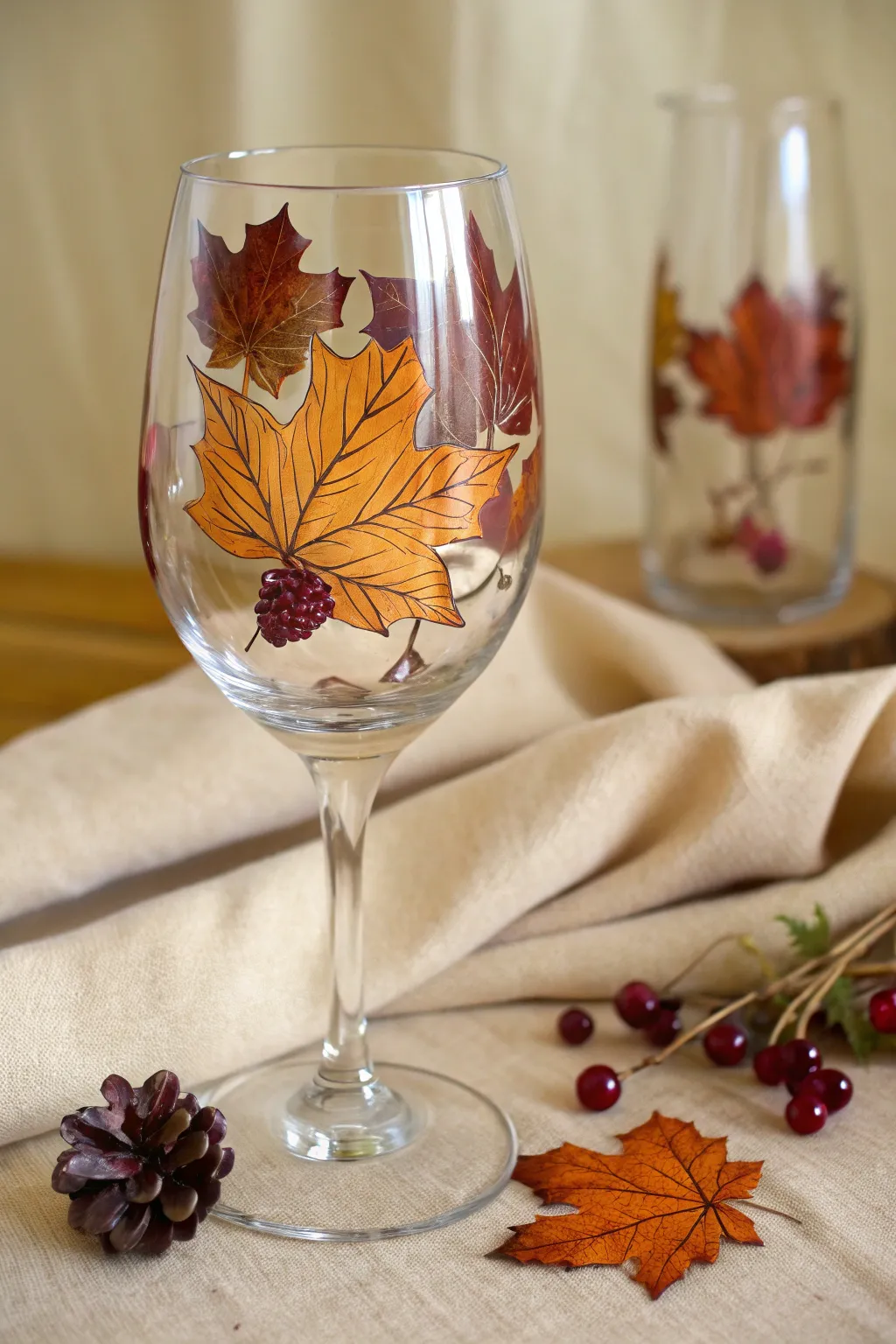 Cozy fall wine glass painting with warm leaves and berries for an elegant seasonal touch