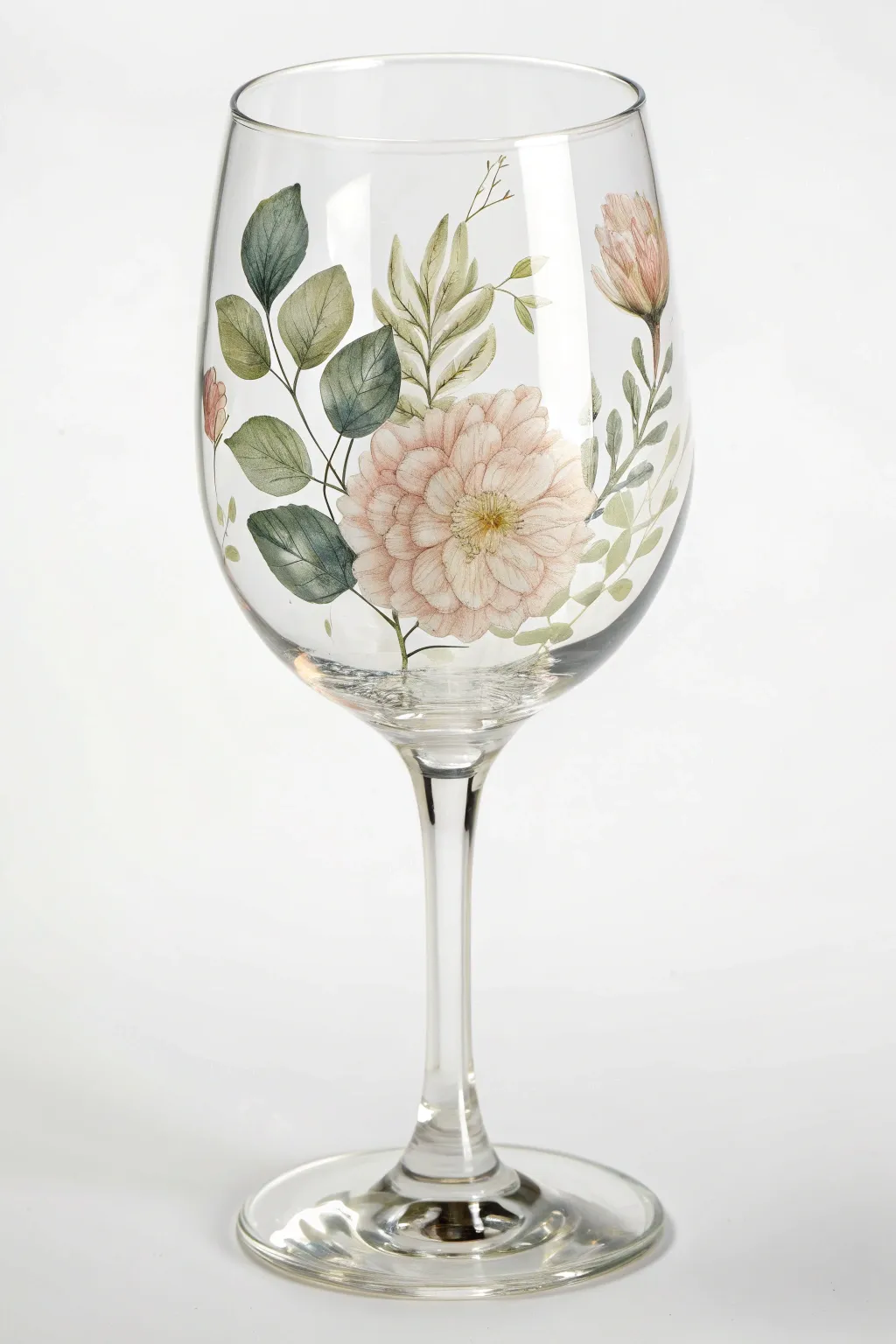 Pressed-flower wine glass painting with soft translucent layers for a dreamy botanical finish.