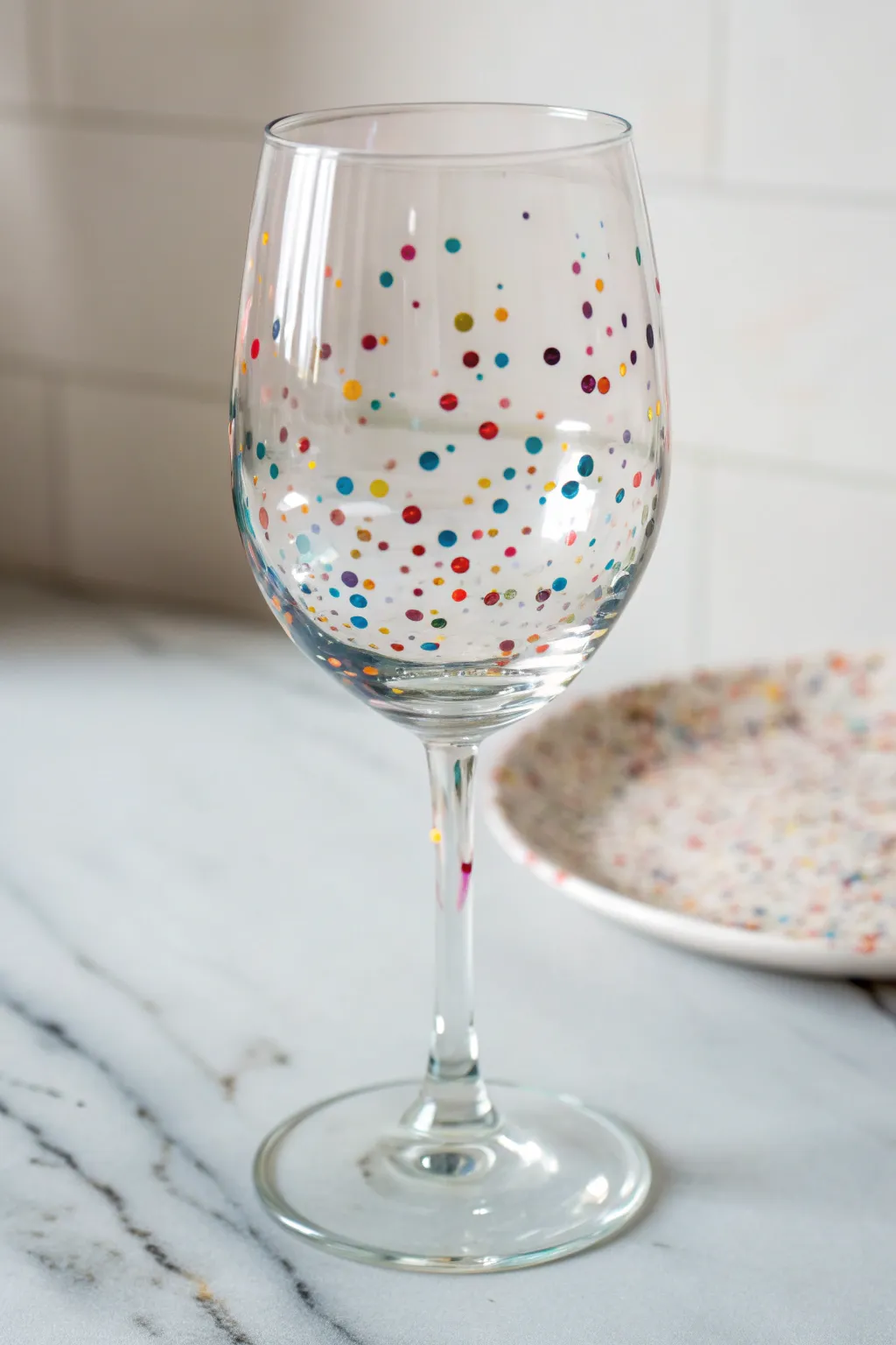 Confetti speckle wine glass painting inspiration, bright dots on clear glass for beginners.