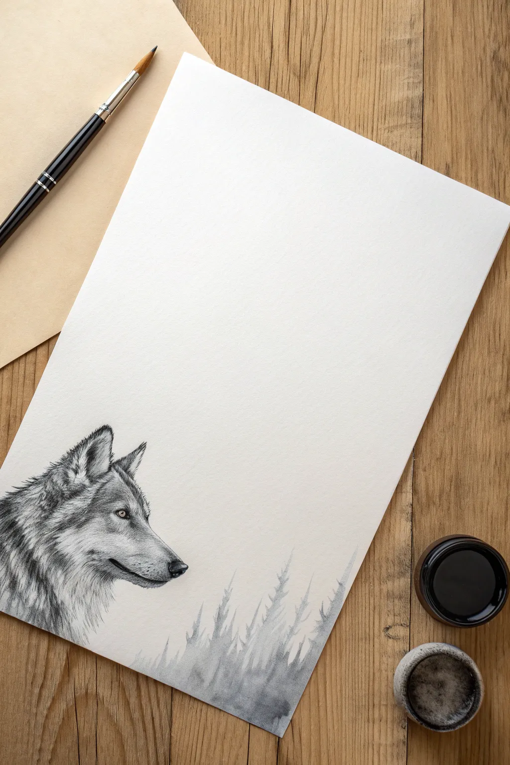 Crisp ink wolf profile with loose gray-blue washes, minimalist Scandinavian-boho watercolor study