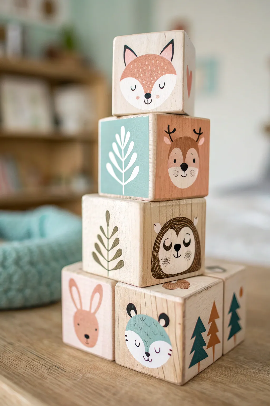 Stacked woodland animal blocks with soft nursery hues and bold accents for a cozy minimalist nook.