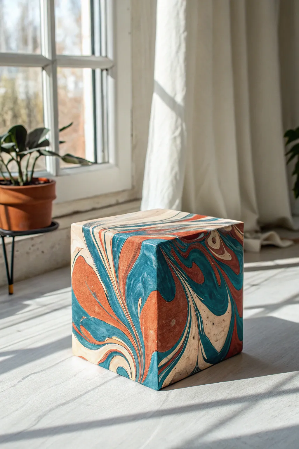 Marbled swirl wood block painting idea with bold teal and terracotta, minimalist Scandinavian mood