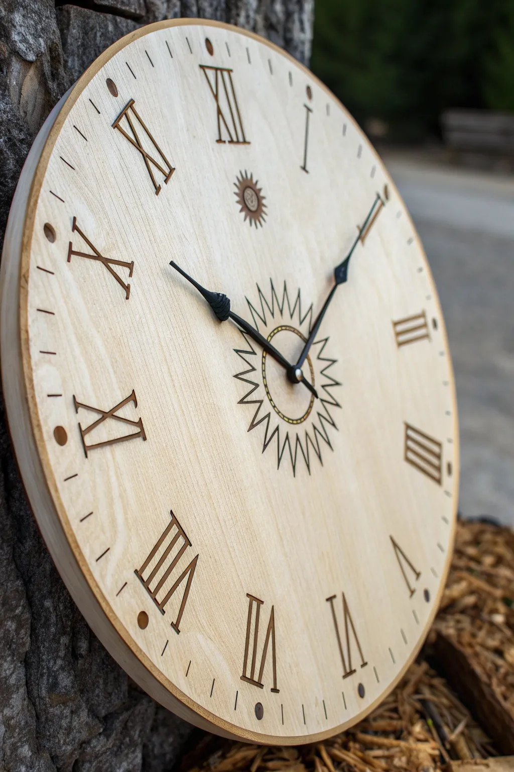 Minimal burned clock face on pale wood with clean markers and a tiny central sunburst