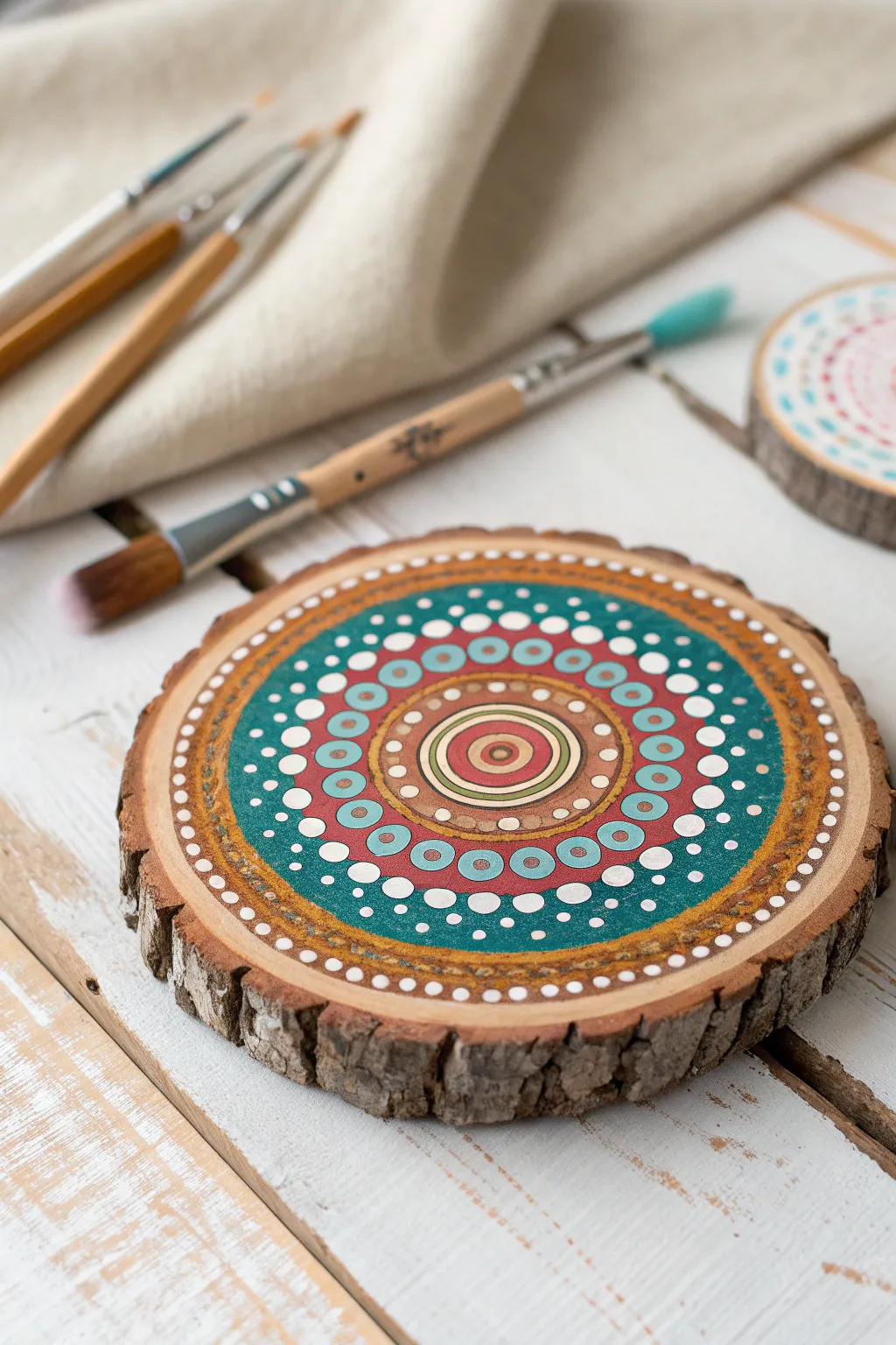 Colorful dot mandala on a wood slice with simple tools nearby for minimal, boho DIY vibes.