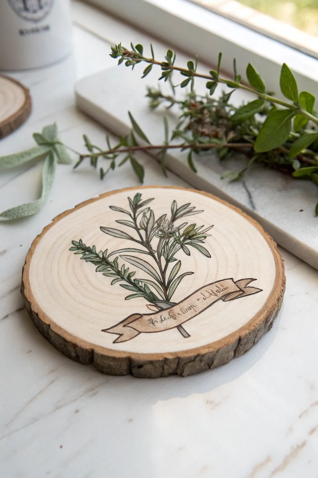 Wood-slice herb drawing idea: a tiny sprig illustration with a blank label in a bright minimalist flatlay