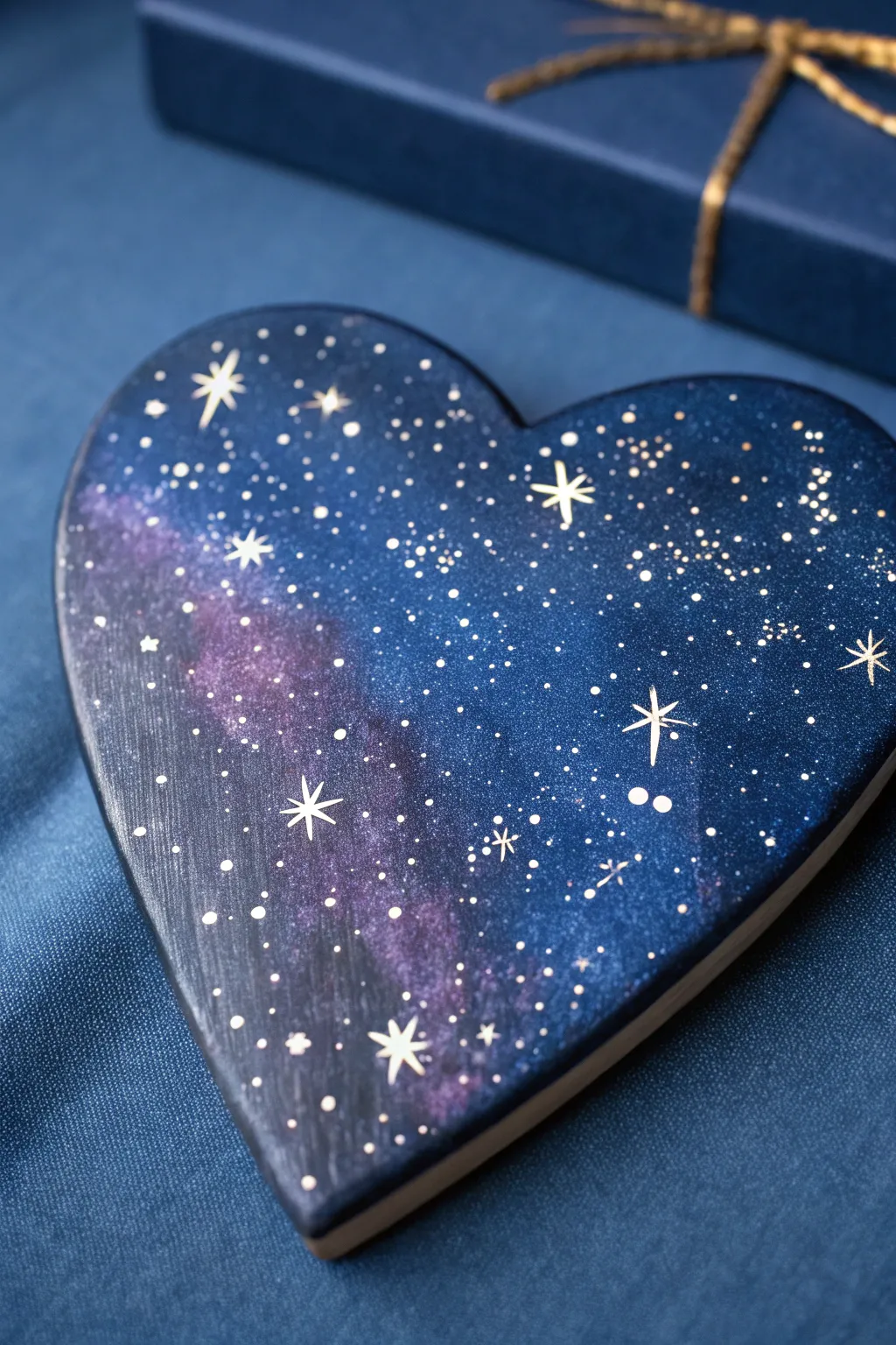 Starry night galaxy heart on wood with crisp white splatter stars and bold contrast