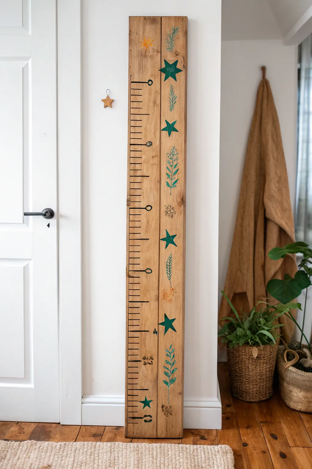 Pallet wood growth chart that doubles as minimalist wall art with bold boho botanical accents