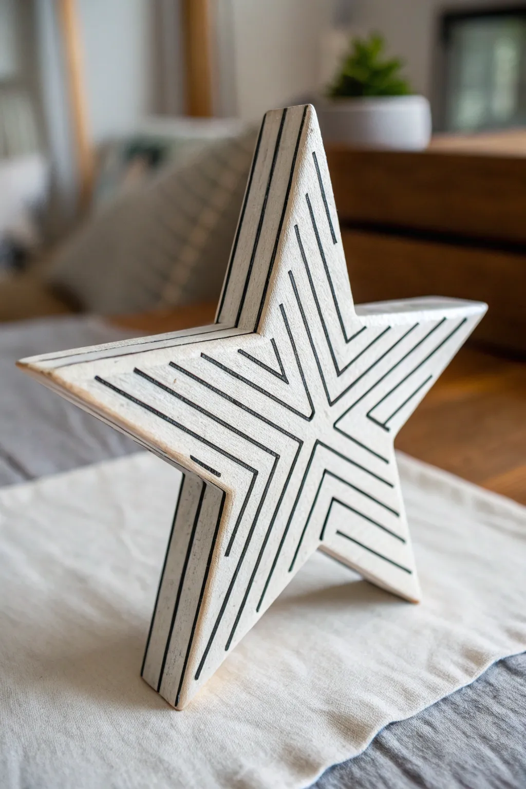 Minimal black-and-white wooden star with bold pattern for modern Scandinavian decor inspiration