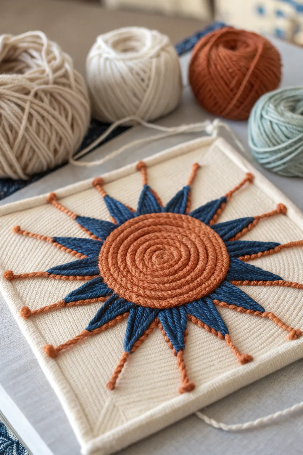 Sunburst yarn painting with alternating chunky and thin rays for bold, tactile contrast