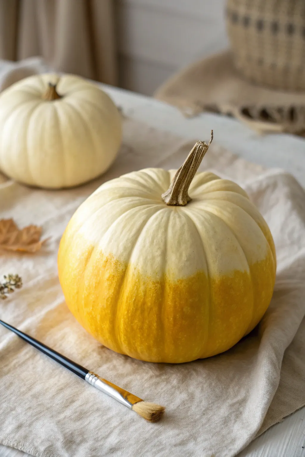 Golden yellow pumpkin fading into creamy tones, minimalist boho styling with crisp contrast