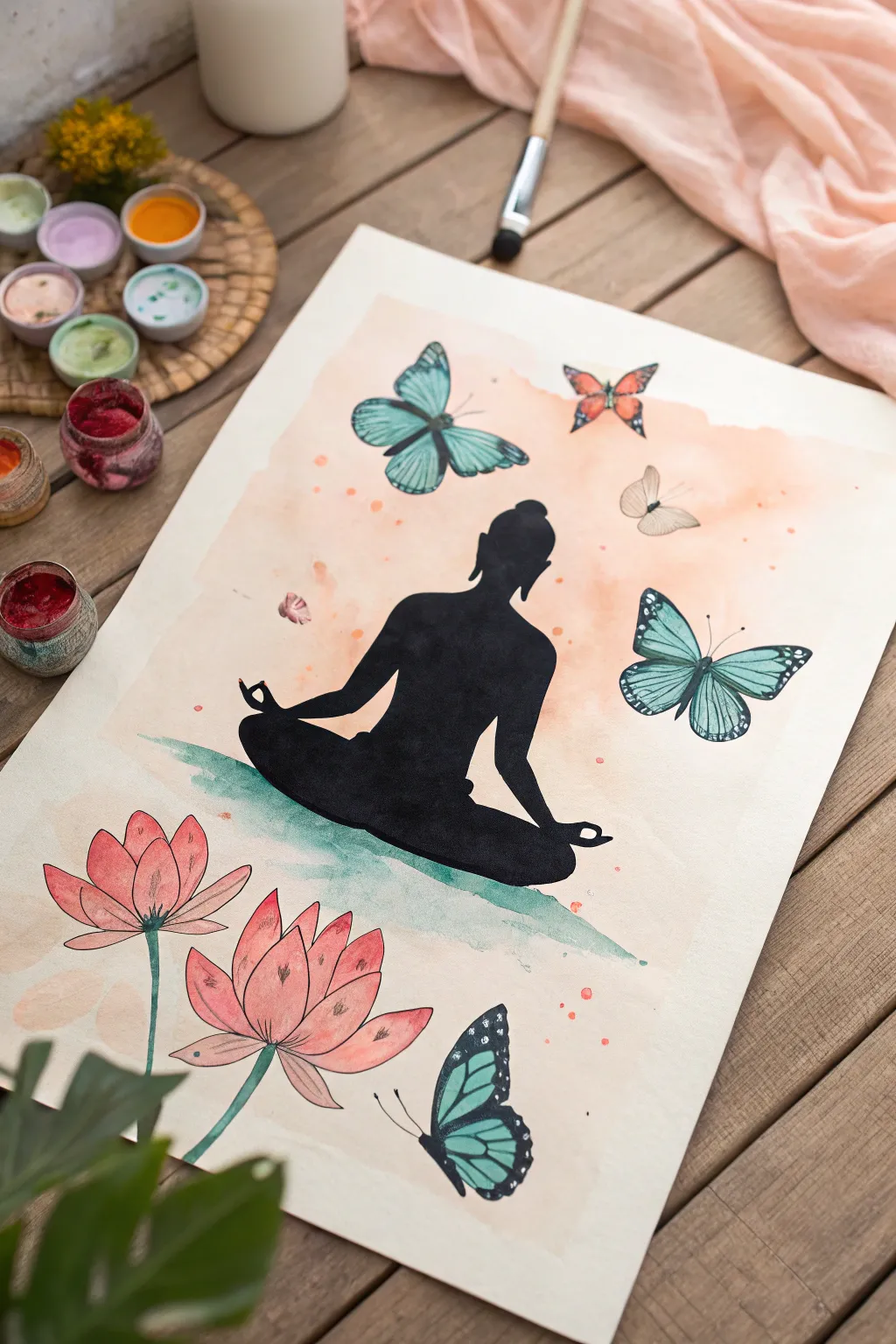 Soft lotus silhouette with watercolor butterflies, a serene yoga painting idea in bold contrast