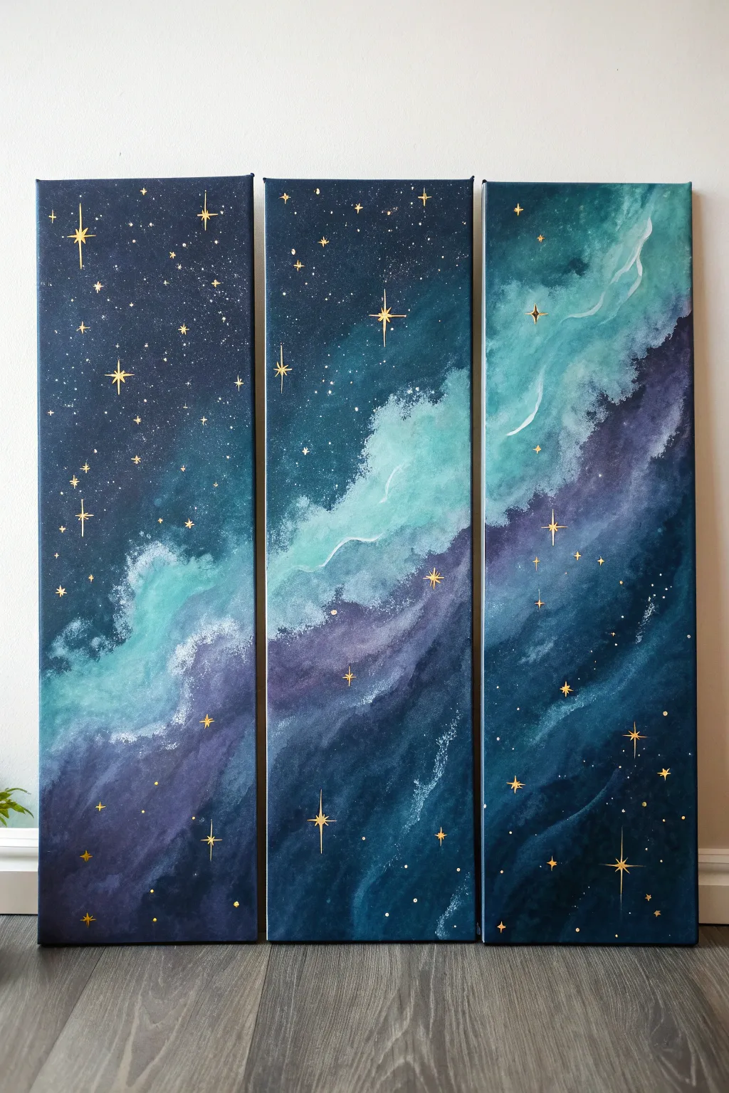 Night Sky Nebula triptych: deep blues, soft galaxy clouds, and starry shimmer across three panels.