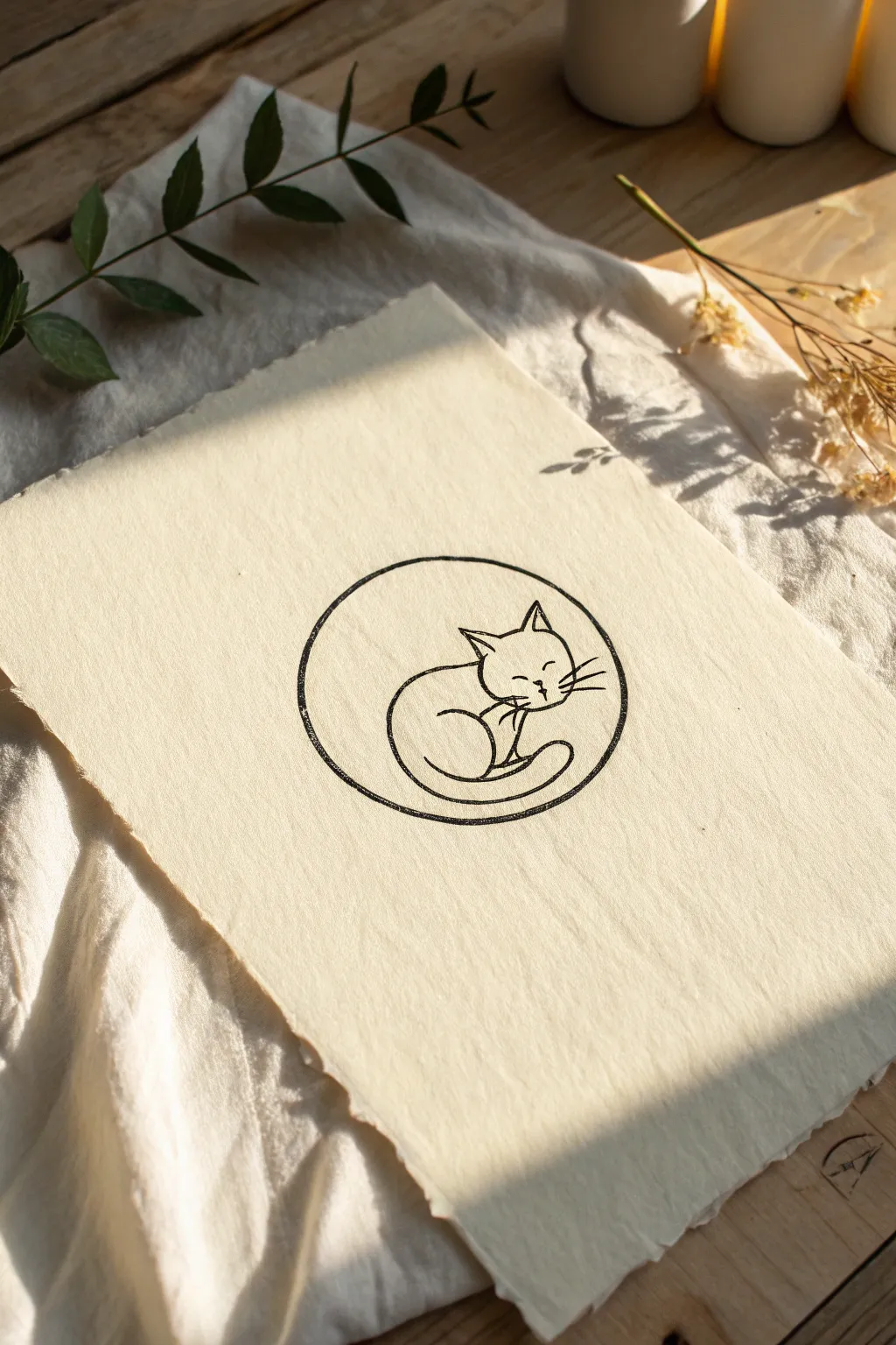 Cozy curled cat perfectly filling a simple circle, minimalist line art with calm Scandinavian warmth.