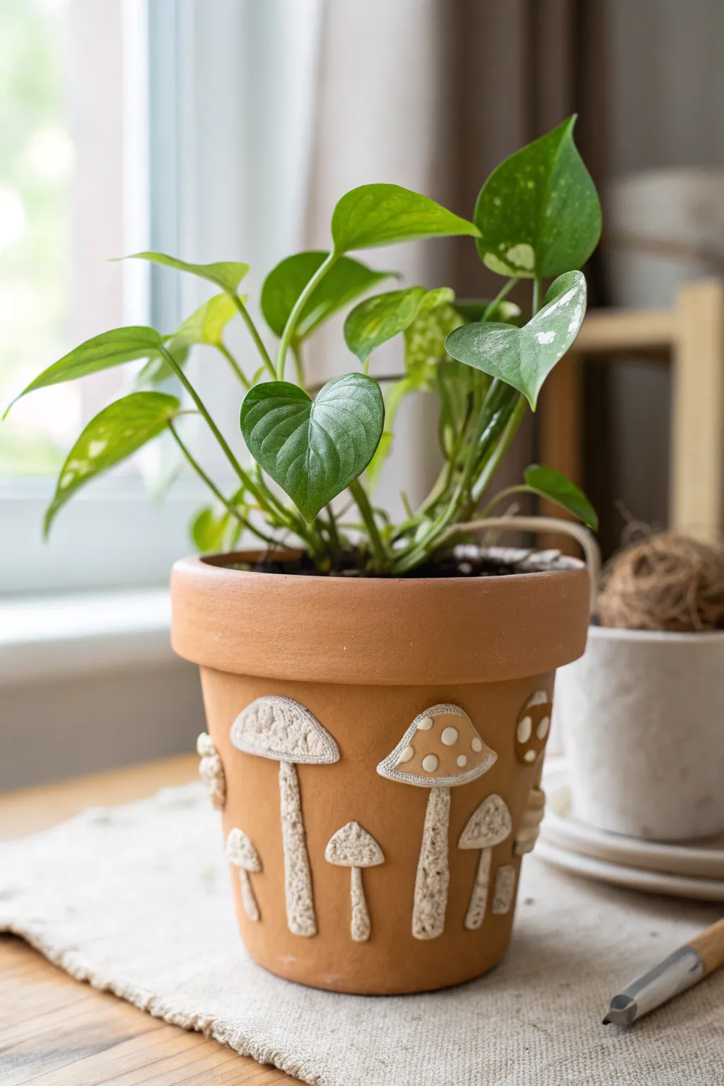 Minimalist plant pot detail with tiny 3D pen mushrooms, crisp texture, cozy boho calm.