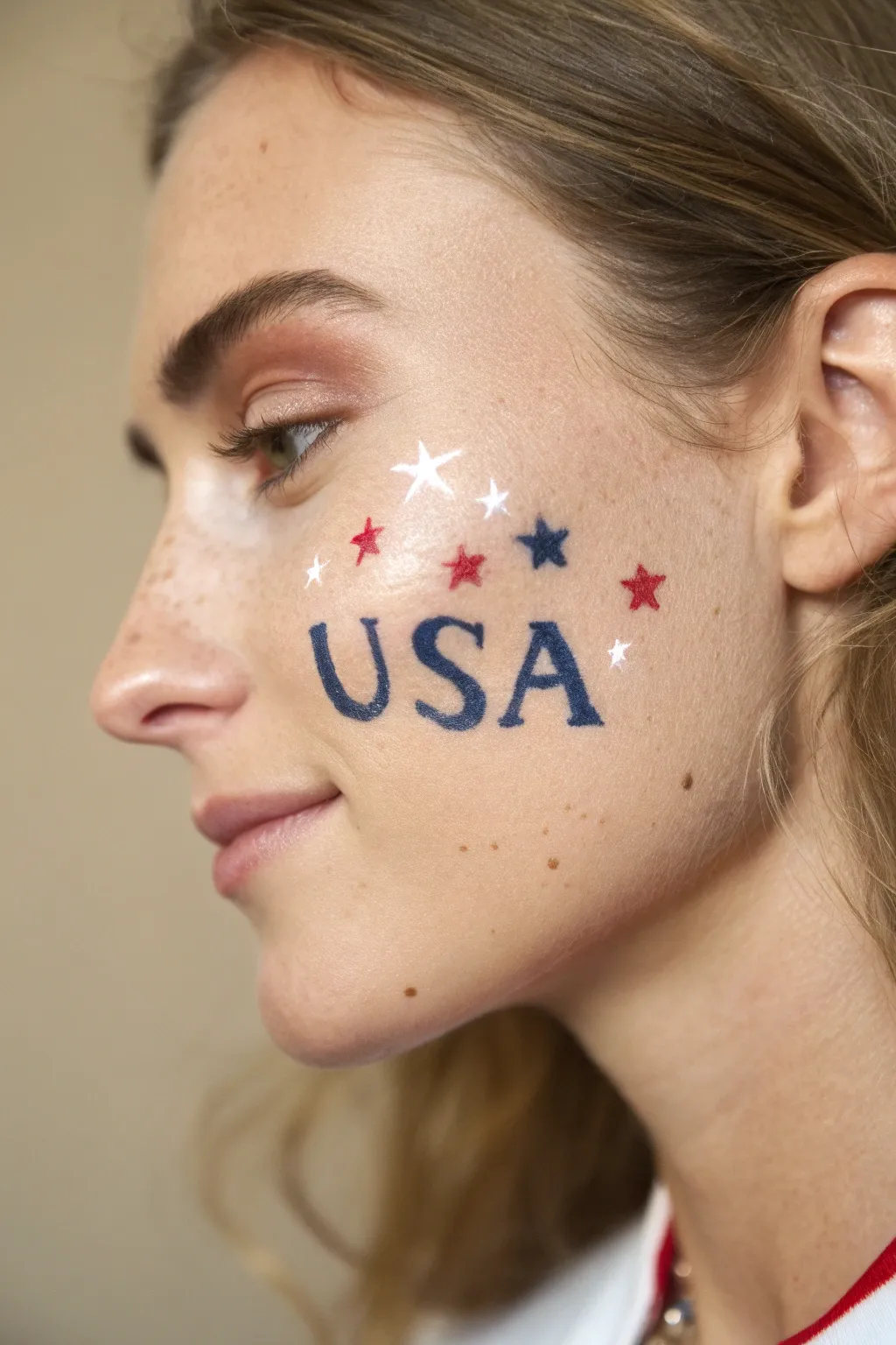Easy 4th of July cheek paint: bold USA lettering with tiny stars in clean red, white, and blue.