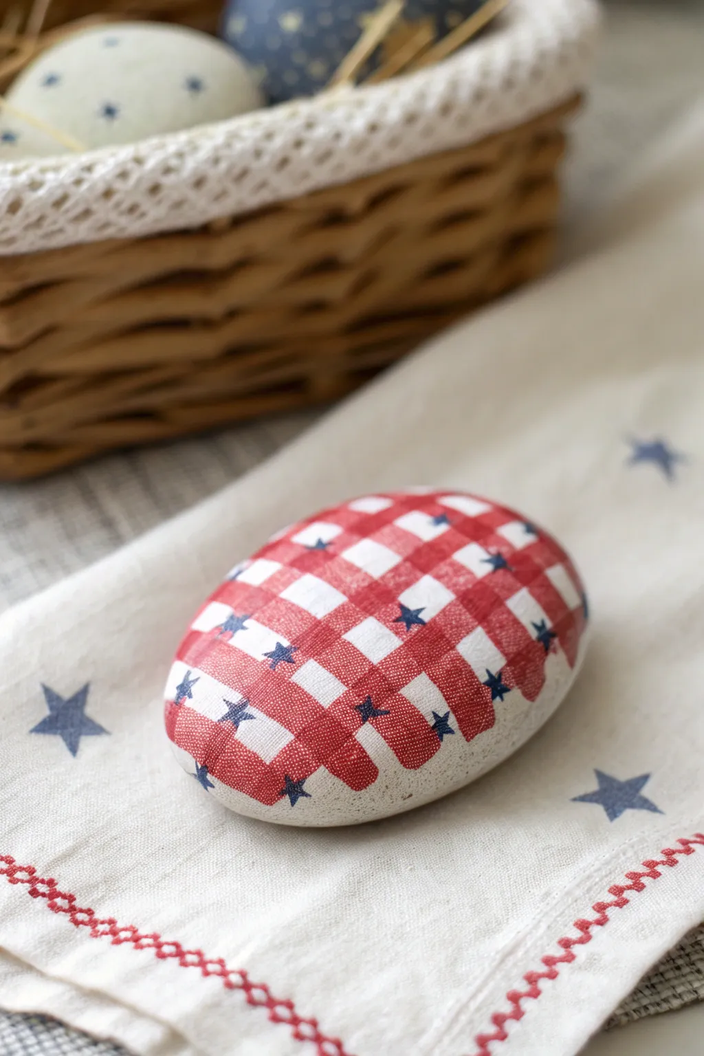 Red and white gingham rock with tiny blue stars, a minimalist 4th of July picnic vibe