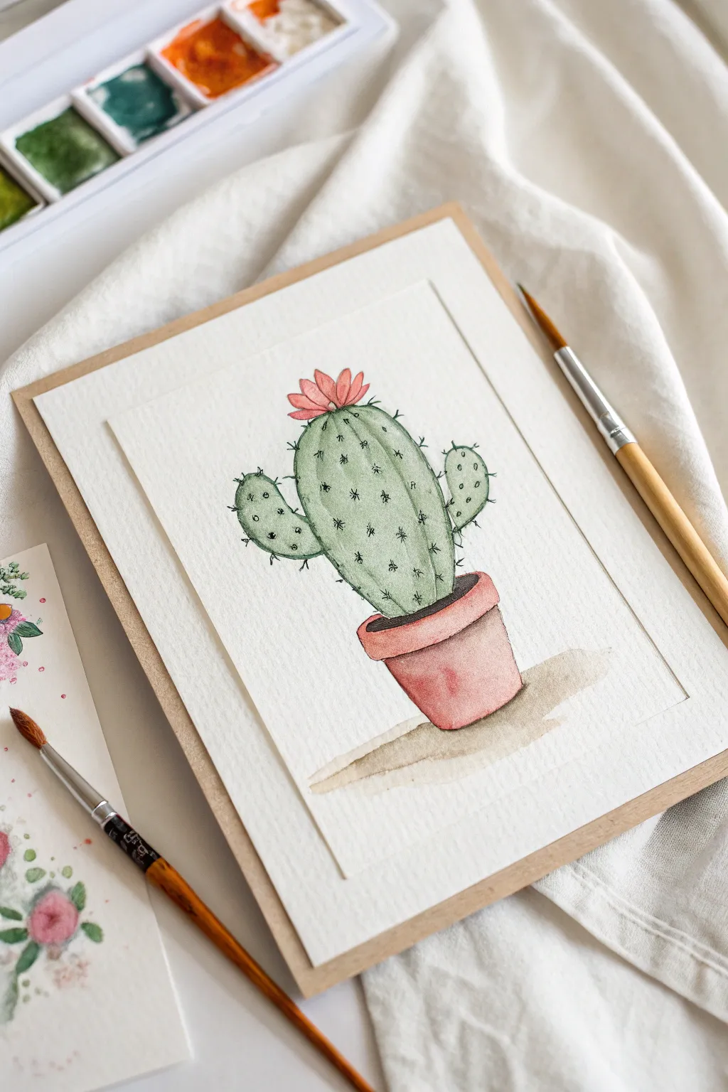 Cute minimalist watercolor cactus in a tiny pot, simple two-green wash on clean white paper