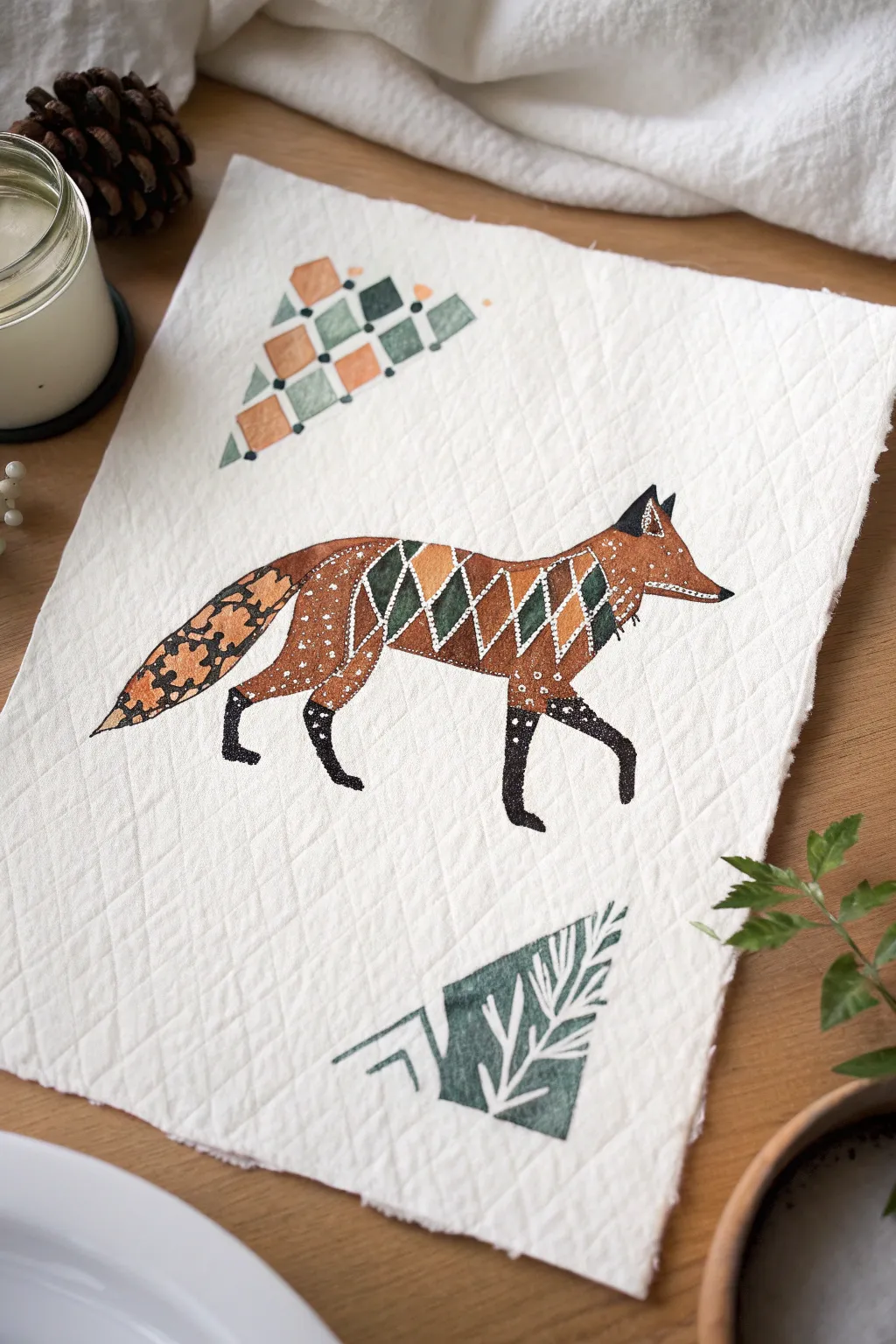 Geometric fox silhouette with easy patterns in soft boho colors, perfect for beginner acrylics.