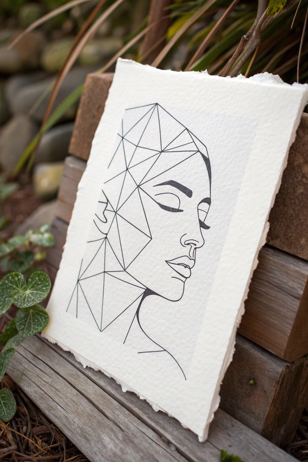 Minimal abstract portrait: a calm line-drawn face dissolving into geometric fragments and negative space