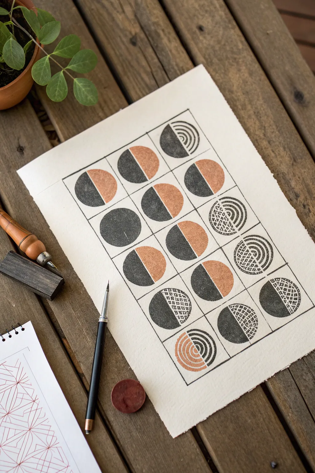 Easy DIY stamped abstract patterns using found objects, minimal setup for modern boho art.