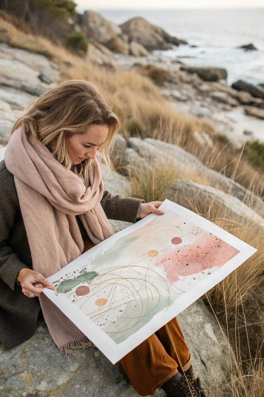 Dried watercolor washes with crisp ink doodles, balancing fluid color and clean contrast