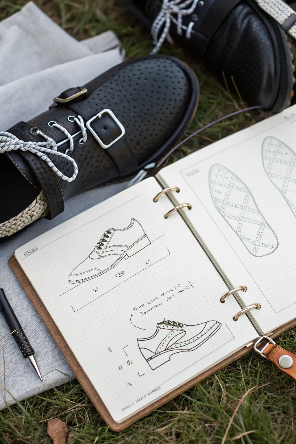 Minimal shoe accessory sketch study: laces, buckle details, and charm shapes to draw