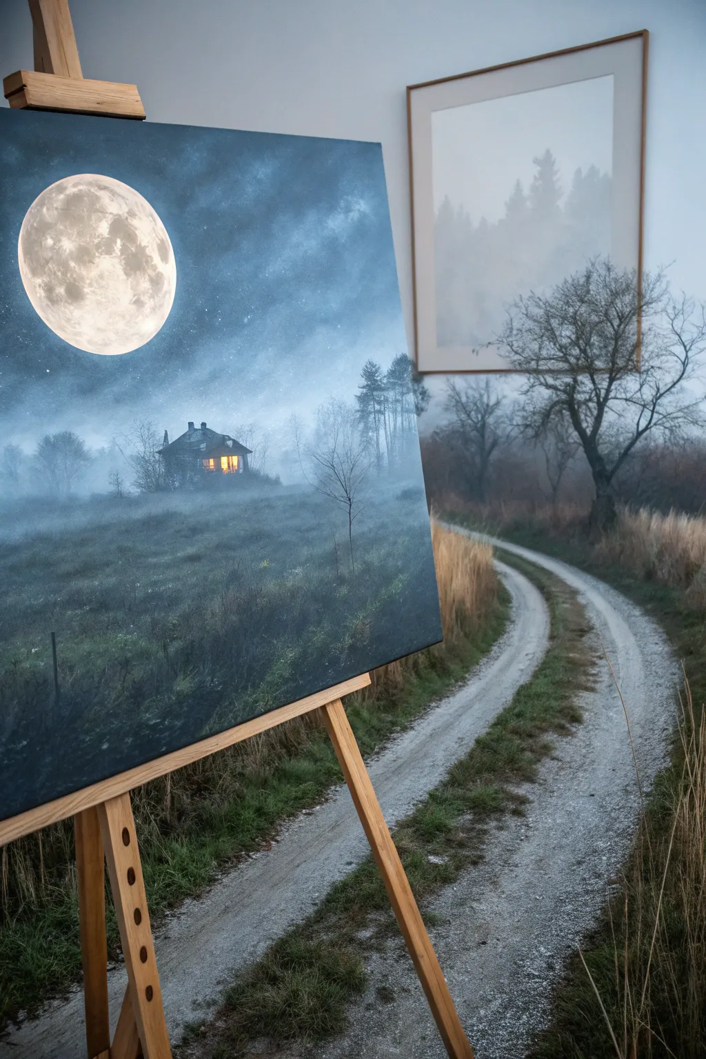 Foggy moonlit path and distant haunted house, minimalist acrylic mood for Halloween nights.