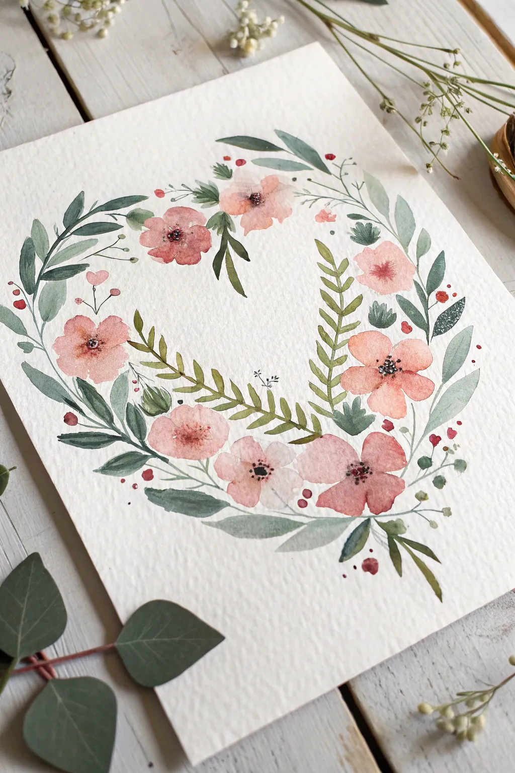 Acrylic floral heart wreath in soft pastels with airy spacing, simple, feminine, and calming