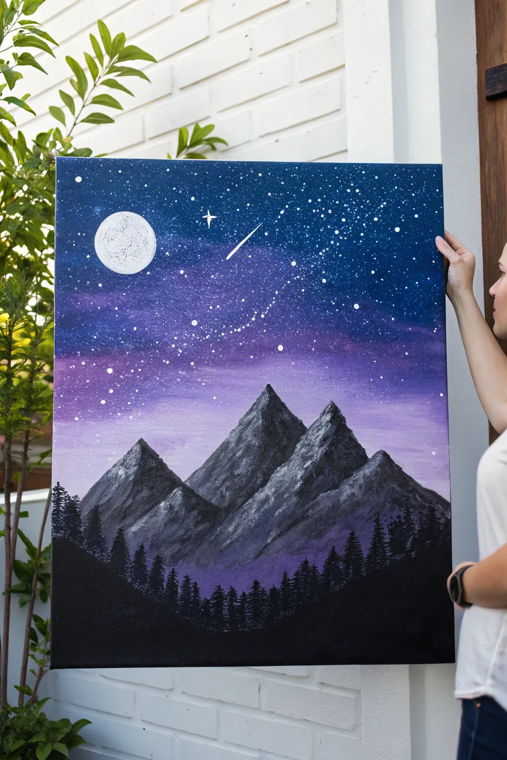 Starry night mountains in acrylic with splatter stars and a soft moon glow, minimalist boho vibe