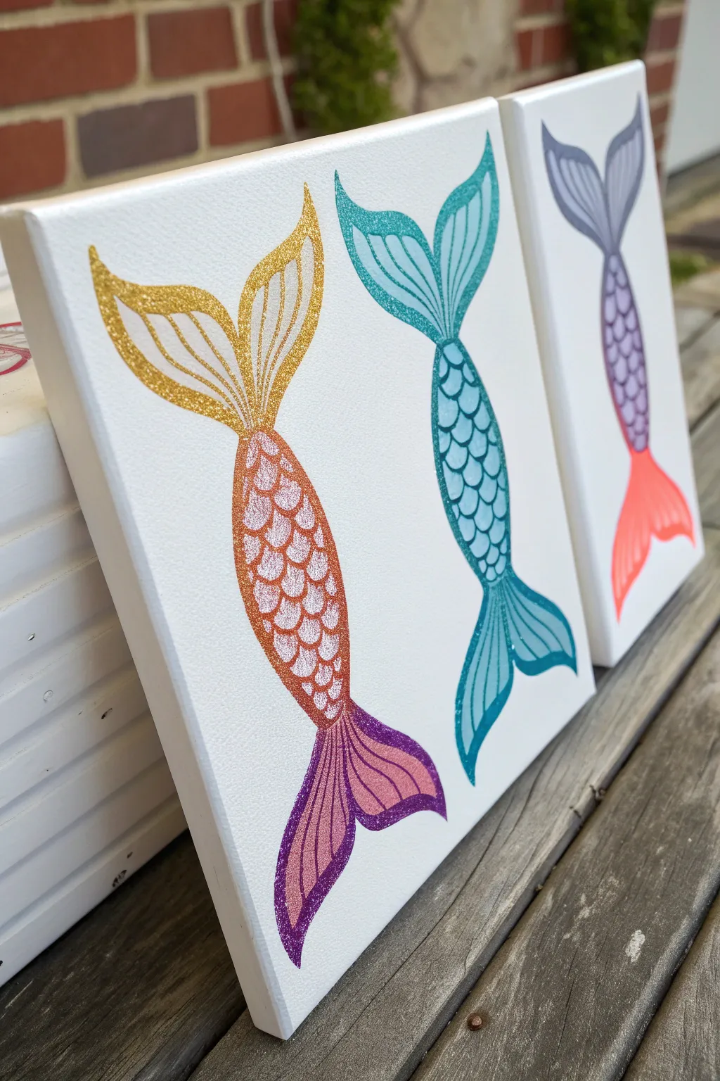 Mermaid tail palette challenge: three acrylic minis in teal coral, purple gold, and blue silver