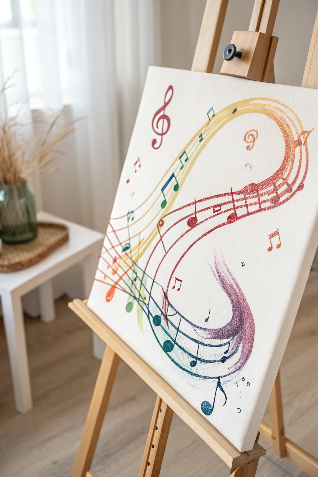 Rainbow notes in acrylic glide across the canvas in a soft gradient, calm and modern