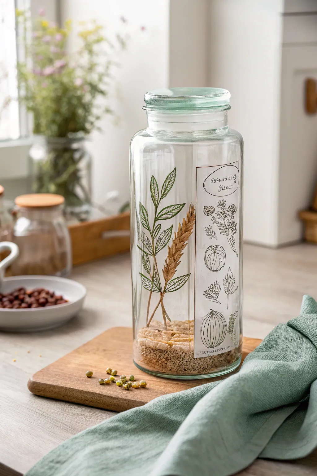 Minimal pantry jar art with acrylic paint pens, clean label panels and tiny ingredient sketches