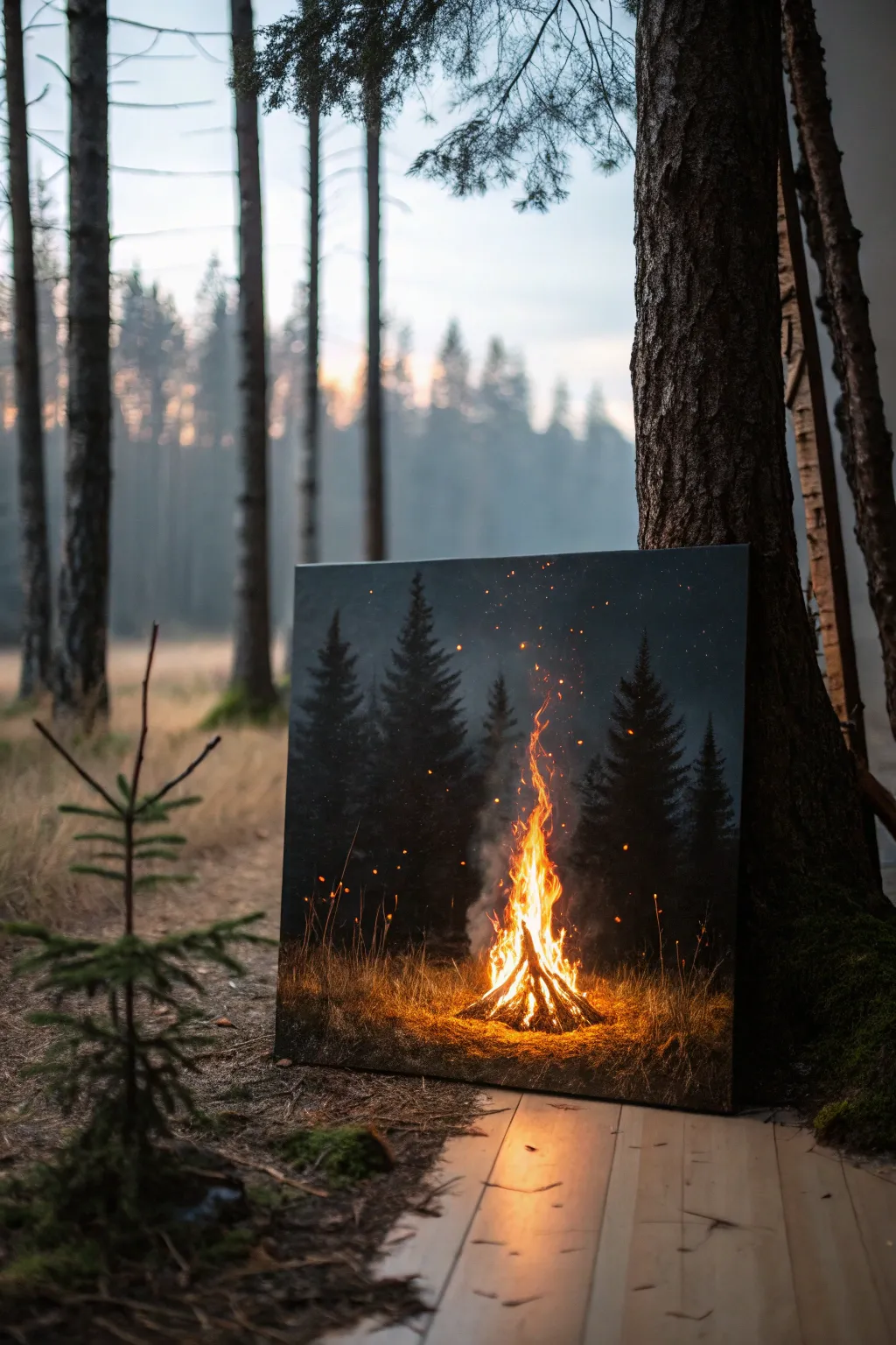 Warm campfire halo fading into a dark forest, minimalist silhouettes and soft smoky atmosphere