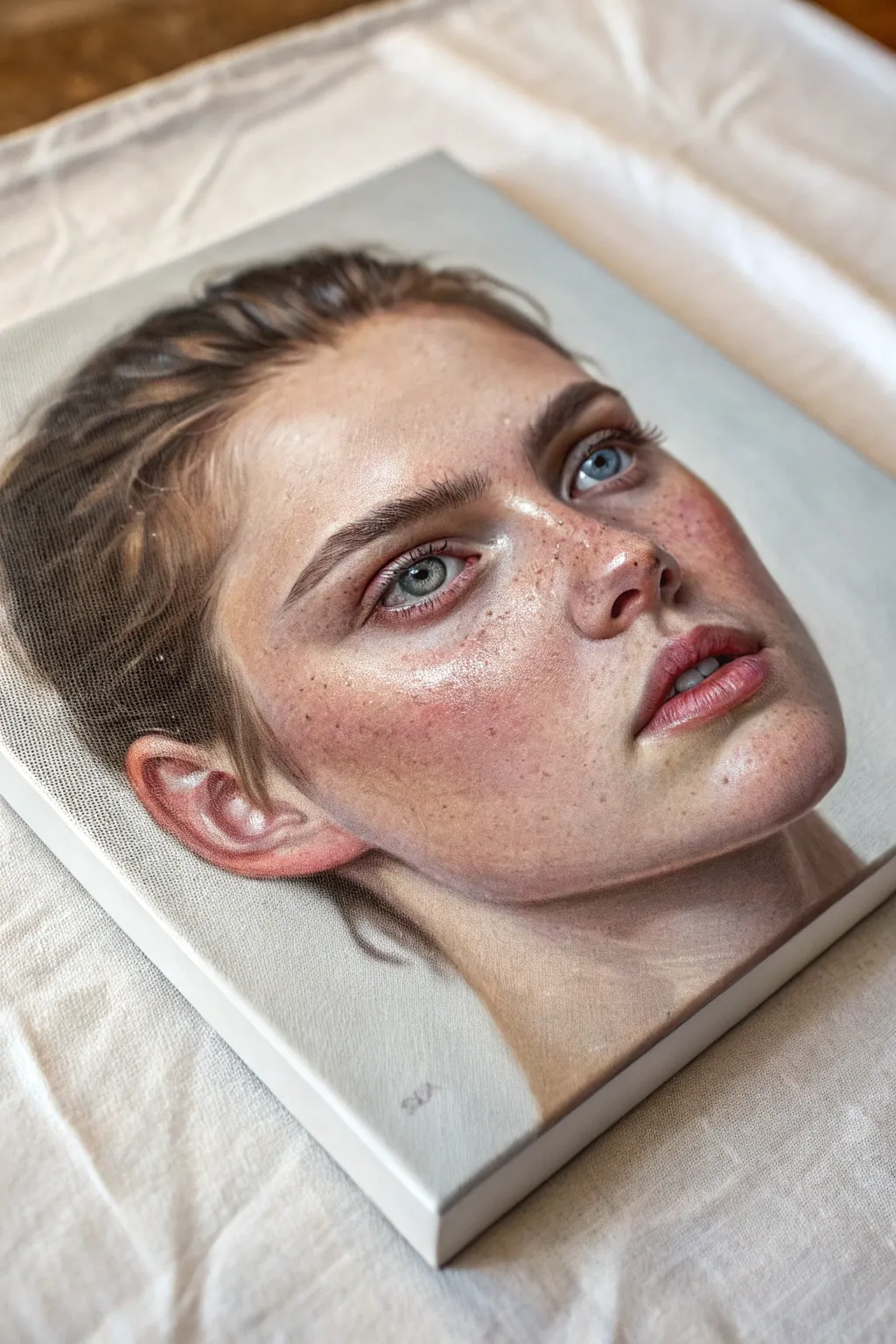 Luminous acrylic portrait close-up where warm glazes build depth over cool underpainting