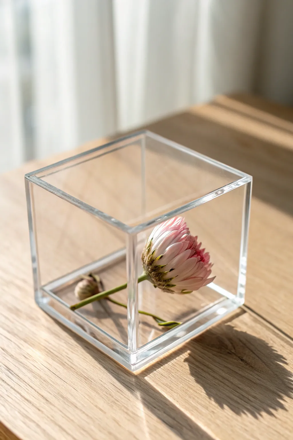 Minimal acrylic keepsake cube with crisp seams and one tiny treasure, styled in calm Nordic boho