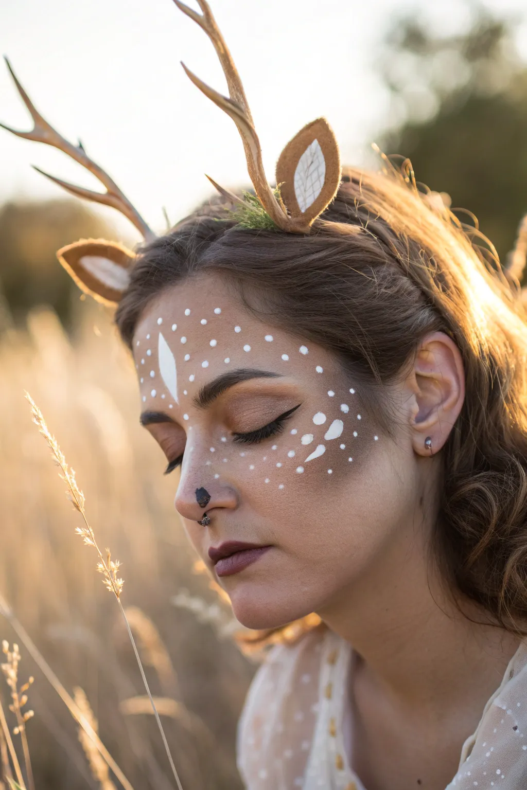 Forest spirit deer face paint with soft fawn spots, antler illusion, and warm earthy highlights.
