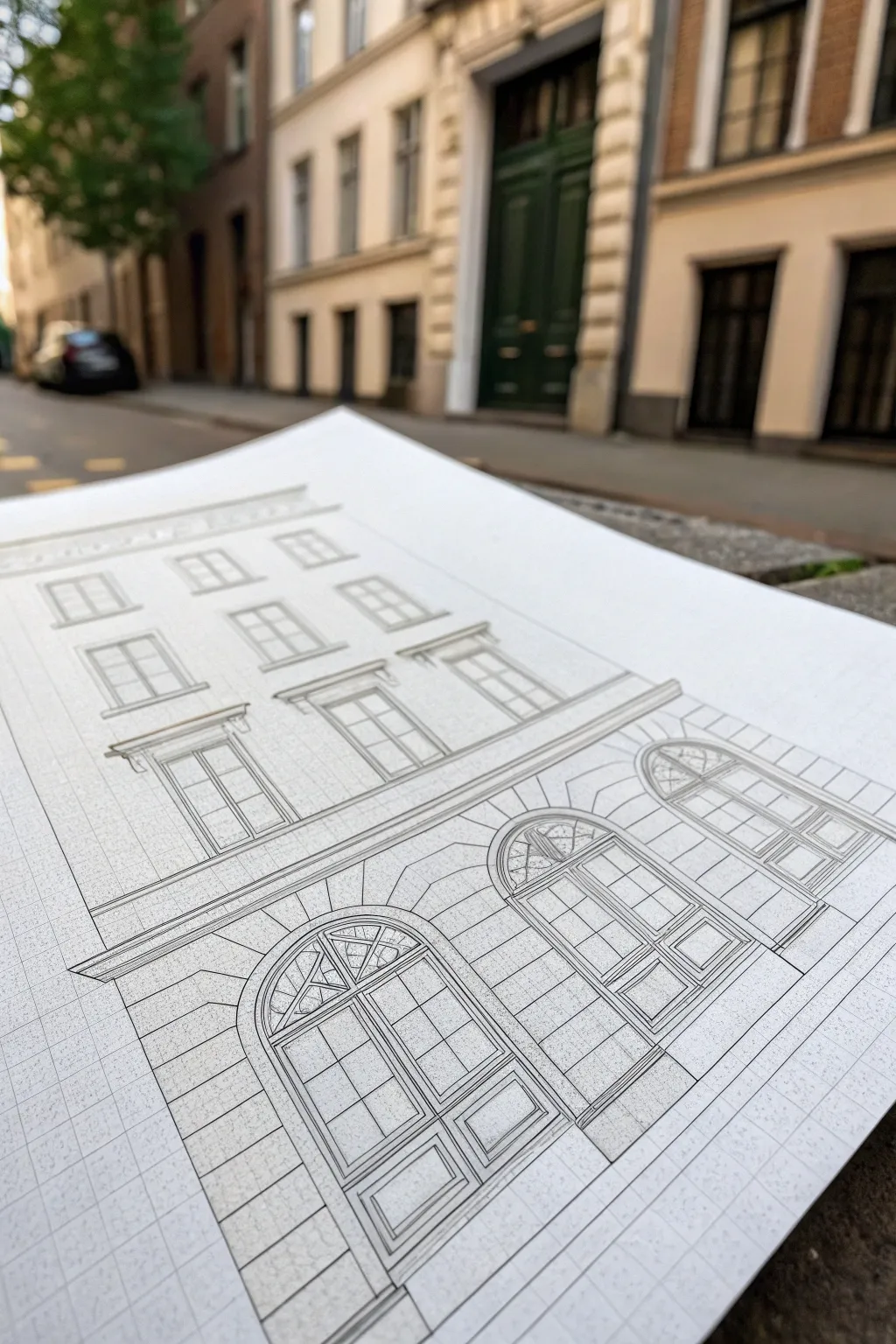 Master one-point perspective with a repeating facade and a faint grid for satisfying depth.