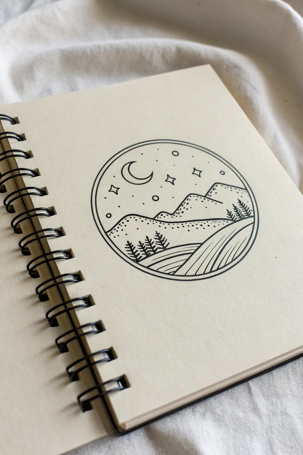 Minimal circle landscape vignette drawing with moon and stars, crisp stamp-like border
