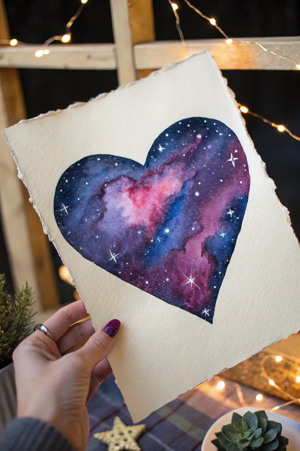Dark galaxy heart with starry speckles and a soft glow, minimalist and dreamy.