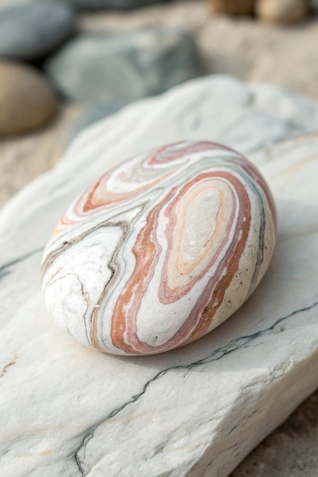 Soft marble swirl rock in blush and gray, a minimalist boho painting idea to copy.